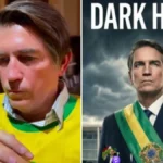 Foto de gravação e cartaz do filme Dark Horse, sobre a vida de Bolsonaro (Fotos: Reprodução)