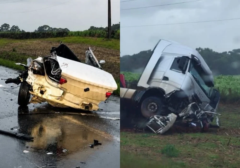 Carro foi dividido ao meio com violência da batida (Fotos: Redes Sociais/Corpo de Bombeiros)