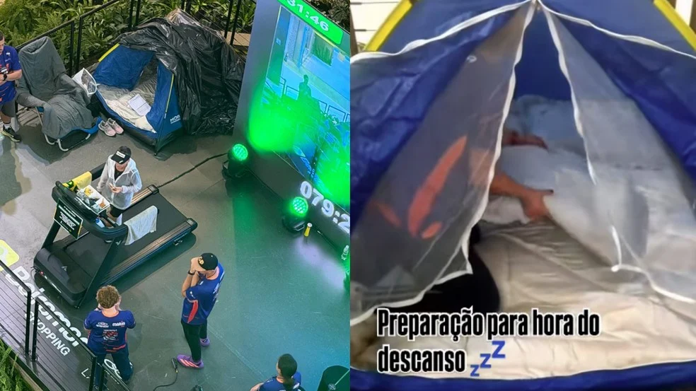 Débora contava com uma barraca montada atrás da esteira para dormir — Foto: Reprodução